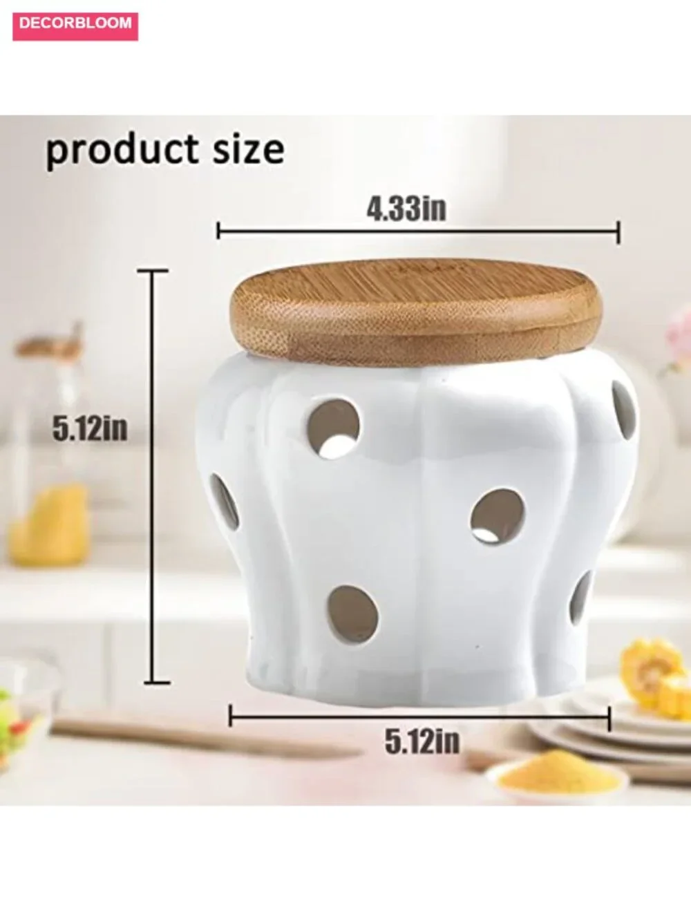 Ceramic Garlic Storage Container with Bamboo Lid - Ventilated Kitchen Canister